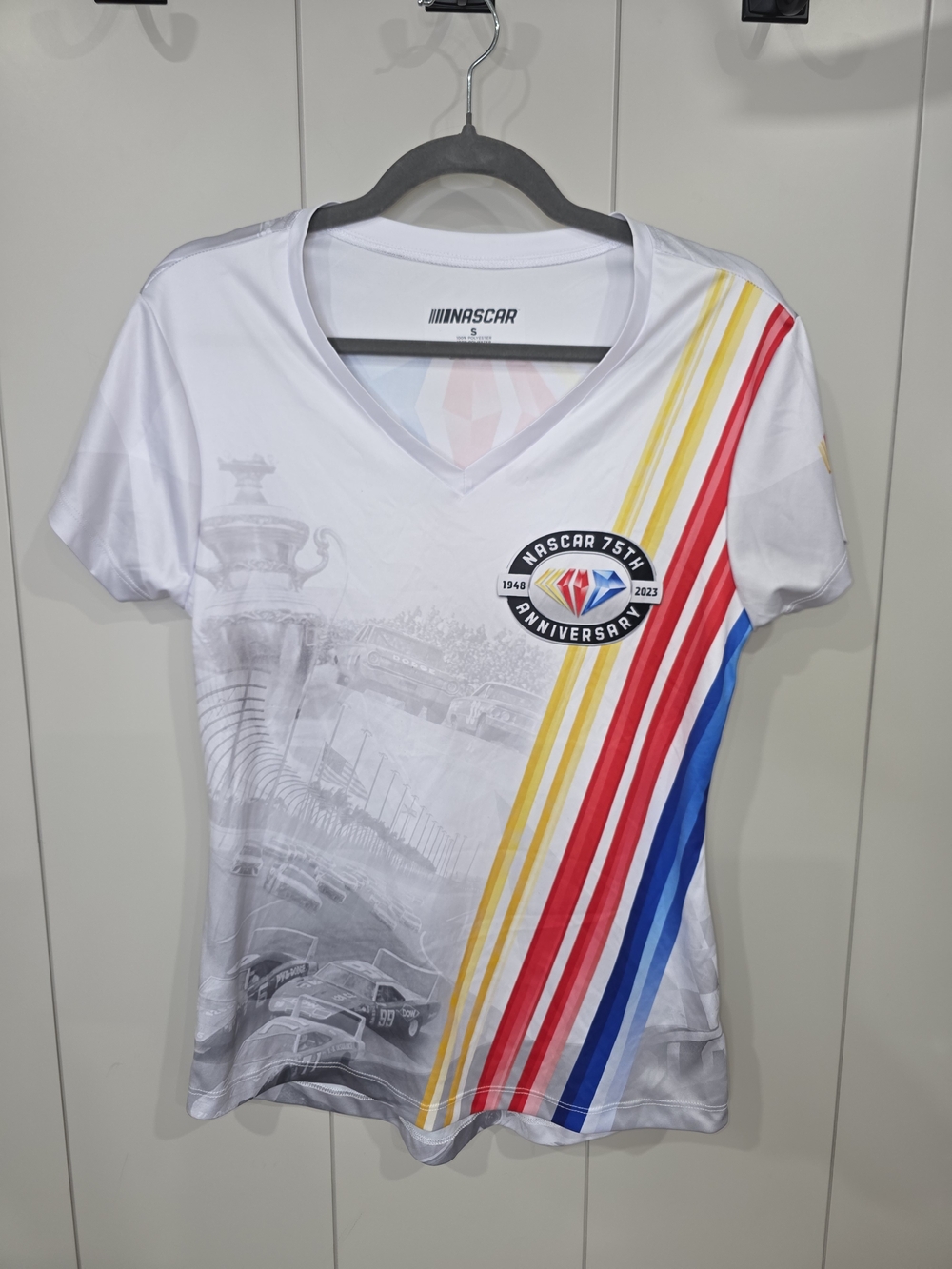 Nascar Women’s White V-Neck Tee with Red, Yellow & Blue Stripes
